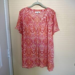 Rose+Olive 2X Pink Orange Paisley Button Down Lightweight Blouse Shirt Office
